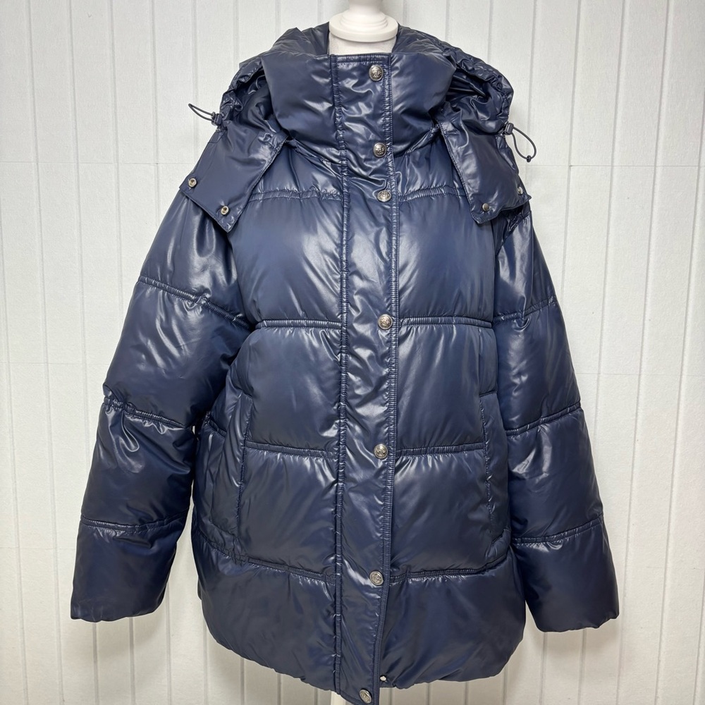 MASSIMO DUTTI Hooded Puffer Jacket Navy Blue Size L